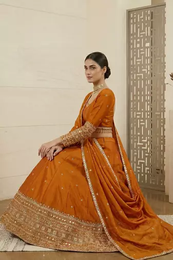 Mustard Orange Japan satin Lehenga Choli with Thread and Sequin Work