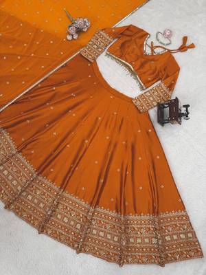Mustard Orange Japan satin Lehenga Choli with Thread and Sequin Work 4
