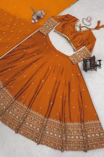 Mustard Orange Japan satin Lehenga Choli with Thread and Sequin Work