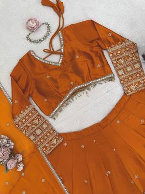 Mustard Orange Japan satin Lehenga Choli with Thread and Sequin Work 5