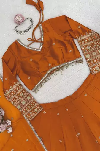 Mustard Orange Japan satin Lehenga Choli with Thread and Sequin Work