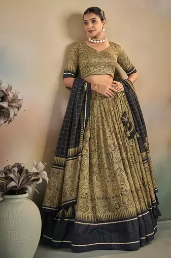  Kalamkari Print Lehenga with Grand Lace Detailing