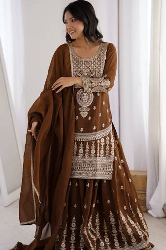Brown designer pure soft crunchy silk sharara set with dupatta | heavy embroidery dori & zari work |