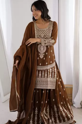 Brown designer pure soft crunchy silk sharara set with dupatta | heavy embroidery dori & zari work |