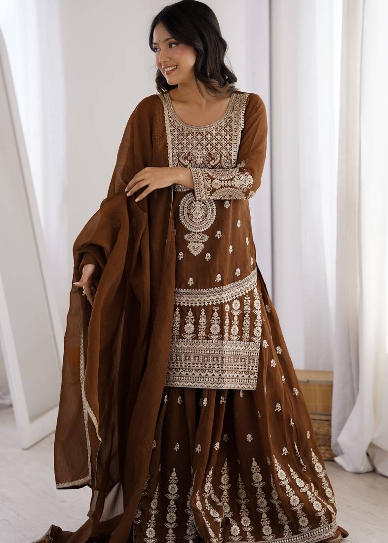 Brown designer pure soft crunchy silk sharara set with dupatta | heavy embroidery dori & zari work |