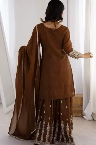 Brownpure soft crunchy silk sharara set with dupatta heavy embroidery dori & zari work