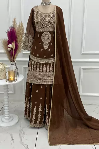 Brownpure soft crunchy silk sharara set with dupatta heavy embroidery dori & zari work