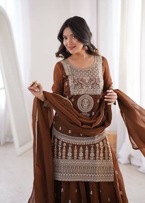 Brownpure soft crunchy silk sharara set with dupatta heavy embroidery dori & zari work 4