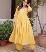 Yellow premium cotton embroidered kurti pant set for women