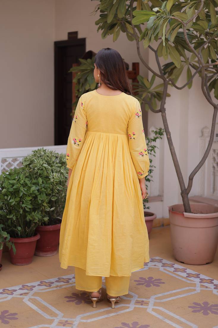 Yellow premium cotton embroidered kurti pant set for women