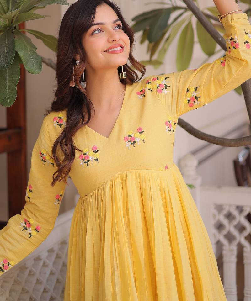 Yellow premium cotton embroidered kurti pant set for women