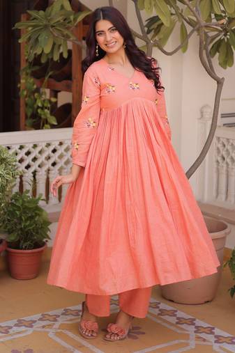 Peach premium cotton embroidered kurti pant set for women