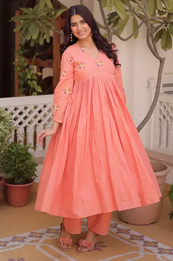 Peach premium cotton embroidered kurti pant set for women