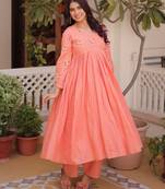 Peach premium cotton embroidered kurti pant set for women