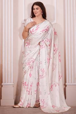 Off white digital print zarkan embroidered satin designer saree for women 1