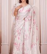 Off white digital print zarkan embroidered satin designer saree for women