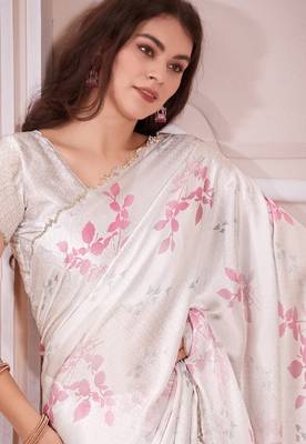 Off white digital print zarkan embroidered satin designer saree for women 2