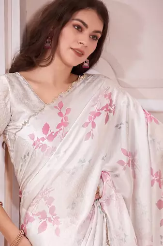 Off white digital print zarkan embroidered satin designer saree for women