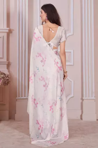Off white digital print zarkan embroidered satin designer saree for women