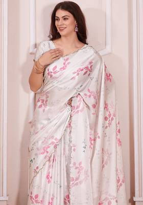 Off white digital print zarkan embroidered satin designer saree for women 5