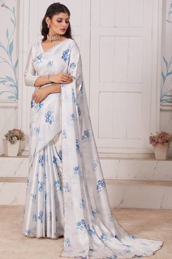 White digital print zarkan embroidered satin designer saree for women