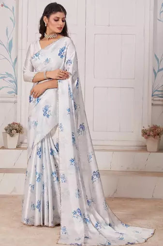 White digital print zarkan embroidered satin designer saree for women