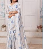 White digital print zarkan embroidered satin designer saree for women