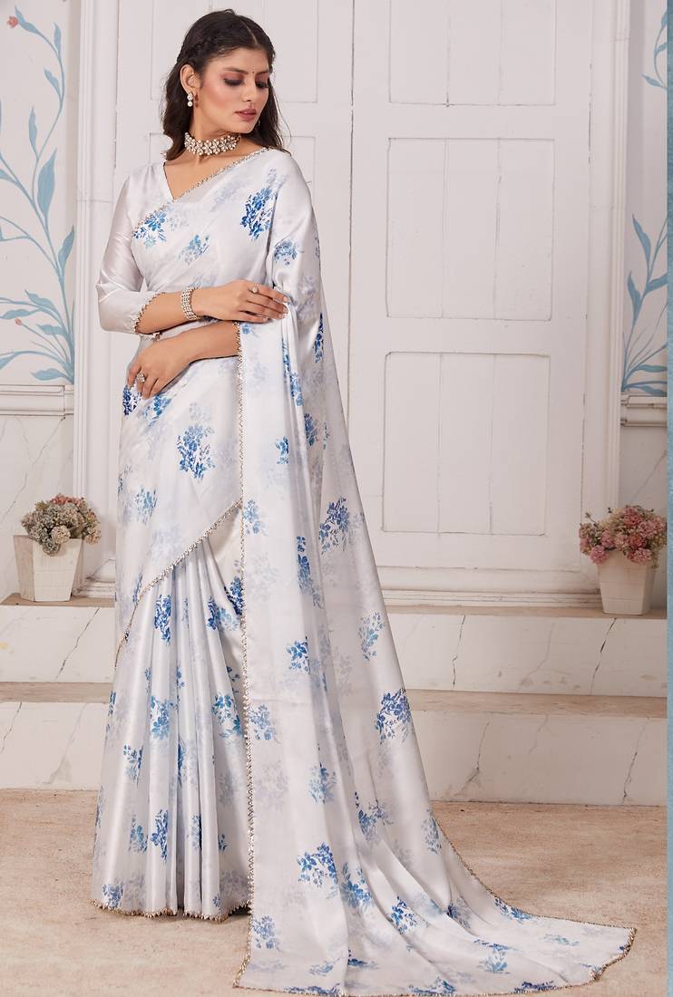 White digital print zarkan embroidered satin designer saree for women