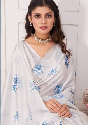 White digital print zarkan embroidered satin designer saree for women 2