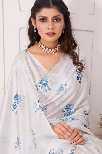 White digital print zarkan embroidered satin designer saree for women