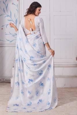 White digital print zarkan embroidered satin designer saree for women 3