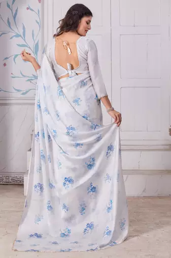 White digital print zarkan embroidered satin designer saree for women