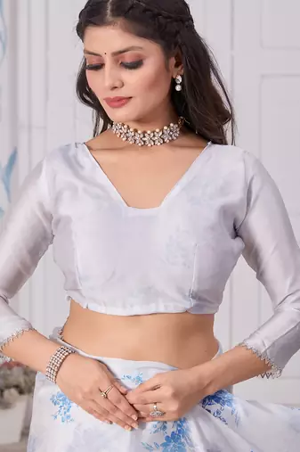White digital print zarkan embroidered satin designer saree for women