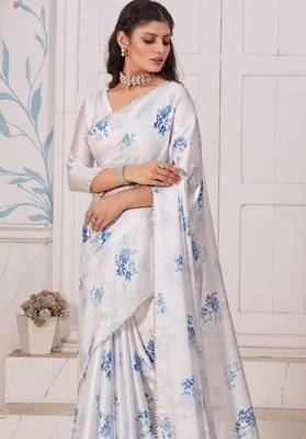 White digital print zarkan embroidered satin designer saree for women 5