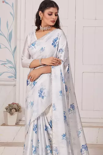 White digital print zarkan embroidered satin designer saree for women