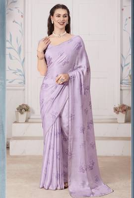 Purple digital print zarkan embroidered satin designer saree for women 1