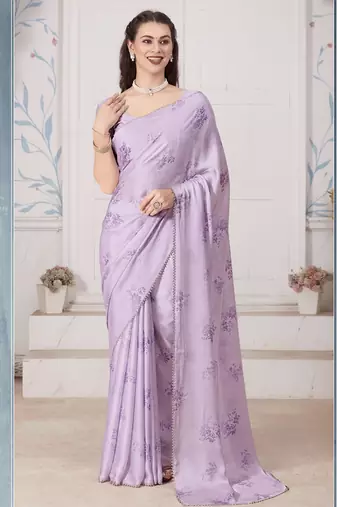 Purple digital print zarkan embroidered satin designer saree for women