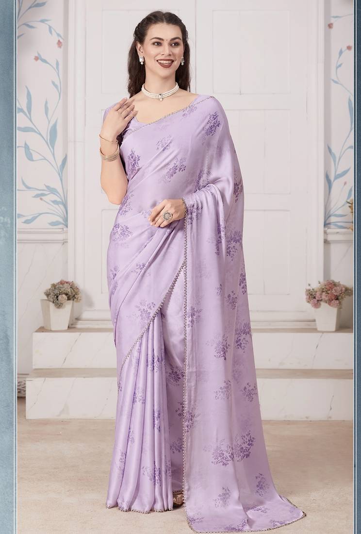 Purple digital print zarkan embroidered satin designer saree for women