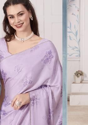 Purple digital print zarkan embroidered satin designer saree for women 2