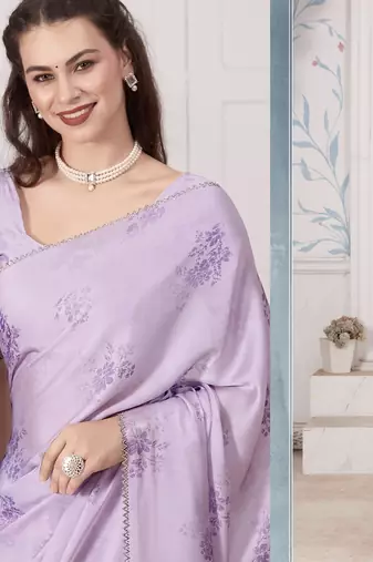 Purple digital print zarkan embroidered satin designer saree for women