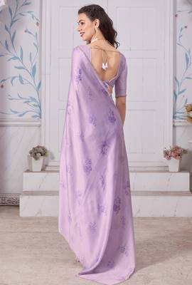 Purple digital print zarkan embroidered satin designer saree for women 3