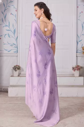 Purple digital print zarkan embroidered satin designer saree for women