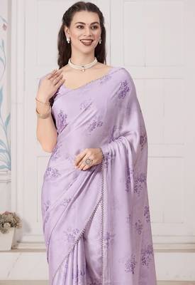 Purple digital print zarkan embroidered satin designer saree for women 5