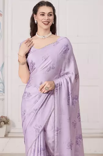 Purple digital print zarkan embroidered satin designer saree for women