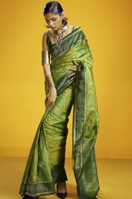 green pure silk blend saree with silk blend blouse | elegant festival & summer wear 1