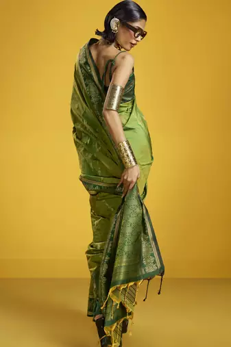 green pure silk blend saree with silk blend blouse | elegant festival & summer wear