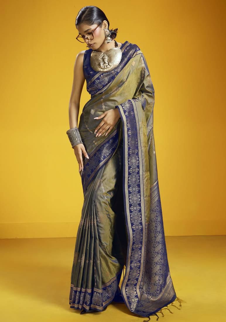 Navy blue traditional pure silk handloom saree with silk blouse | elegant festival & summer wear