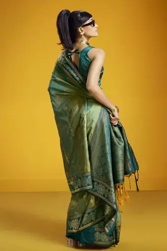 teal blue pure silk blend saree with silk blend blouse | elegant festival & summer wear