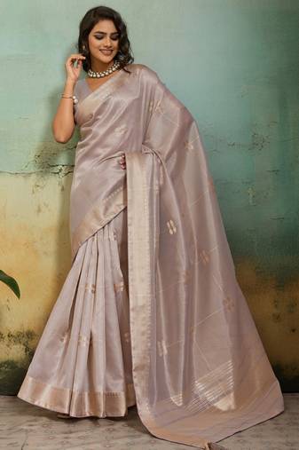 Light grey tissue infused linen saree with zari woven patta & chit pallu | small butti design