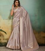 Light grey tissue infused linen saree with zari woven patta & chit pallu | small butti design